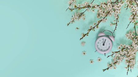 Pink alarm clock and delicate little white flowers on blue background. Top view. Time for love and greetings. Spring Time Change, Spring flowers and Alarm Clock.の写真素材