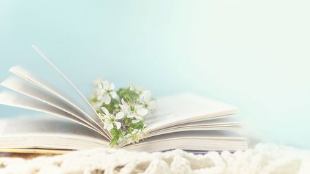 photo open books with a spring flowers nostalgic romantic mood conceptの写真素材