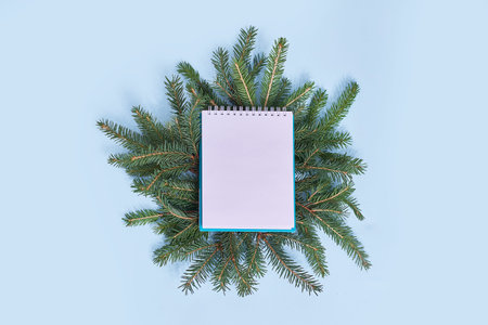 Closeup of Christmas tree with light, snow flake. Creative layout made of Christmas tree branches...