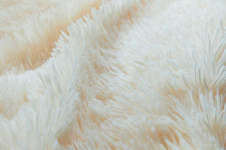 delicate soft background of plush fabric folds on white background. Copy space. Flat lay. loose folds on the fabric of faux fur of lilac color. Details of warm winter clothesの写真素材