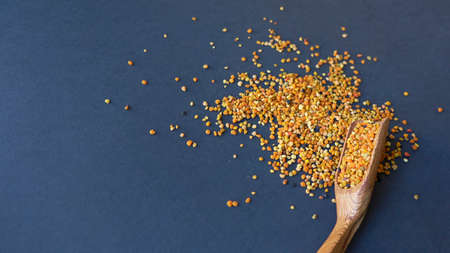 Bee pollen in a wooden spoon healthy food supplements. Close up on a black background. Top view, flat lay. copy space for text.の写真素材