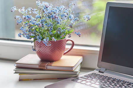 Workplace near the window with computer. Copy space. Modern laptop on desk near window at home. Morning time with warm light. working desk with a cup of coffee. business concept.の写真素材