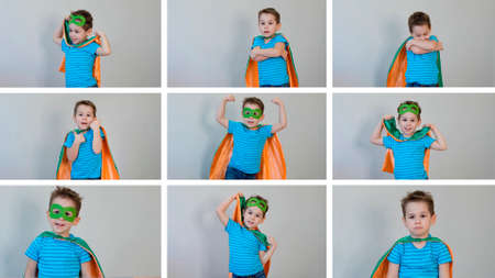 collage of childrens emotions. little funny boy playing a superhero. Kid in an Superheros costume. happy child. green maskの写真素材