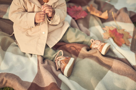 little child sits on a blanket in an autumn park. Childrens fashion