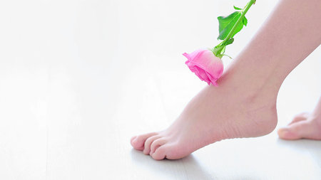 unrecognizable woman runs a fresh rose over the skin. skin tender as a rose concept. winter skin care. pedicure and foot care, smooth heels. close up view. Copy space.の写真素材