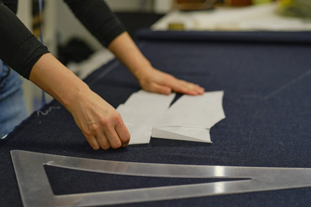 seamstress workplace. Woman seamstress makes pattern with chalk on fabric for sewing clothes in...