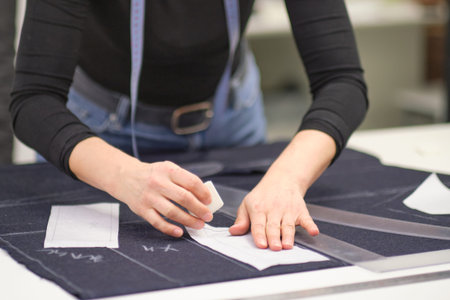 seamstress workplace. Woman seamstress makes pattern with chalk on fabric for sewing clothes in...