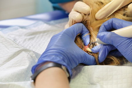 Dentist doing procedure of professional teeth cleaning dog in a veterinary clinic. Veterinarian cleans the teeth of a dog with ultrasound device. Clean white teeth in the animalの写真素材