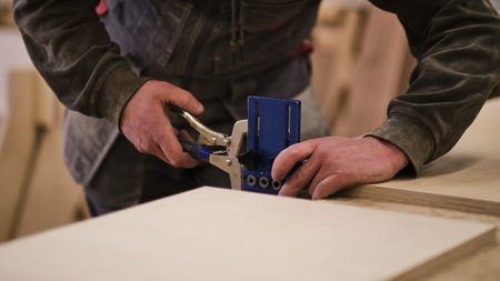 Close up. Carpenter holding a measure tape on the work bench. Woodwork and furniture making concept....