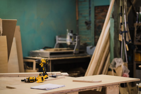 carpenter tools background. old joinery no people industrial. carpenters table with furniture detailsの写真素材