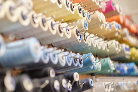 group of sewing threads in skeins. A bunch of large multicolored spools of thread. Atelier workshop....