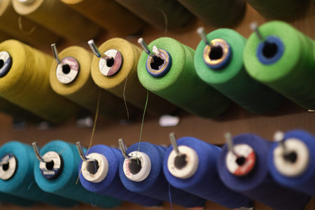 group of sewing threads in skeins. A bunch of large multicolored spools of thread. Atelier workshop....