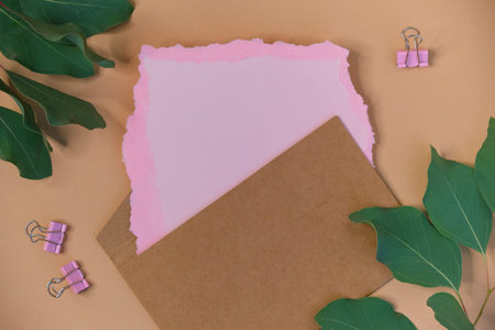 greeting card mockup. Eucalyptus populus branch on a beige background. different paper...