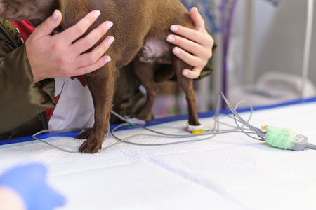veterinarian shaves a small dog to connect electrodes for an electrocardiogram examinationの写真素材