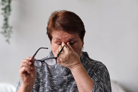 elderly woman take off glasses massage eyes suffering from strong migraine or headache, unwell sick...