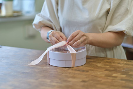 woman entrepreneur packs the order in a beautiful box, perfect service for customers.