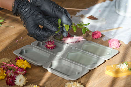 woman businesswoman creates a flavored wax tablet at home. creative profession. how to start making money on a hobby concept.の写真素材