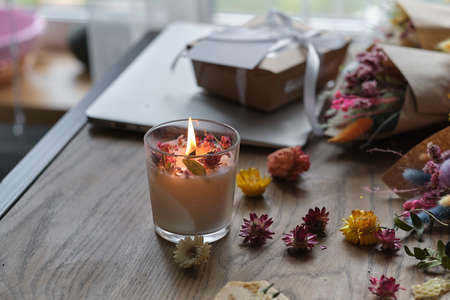 lights candles. Mental health, self care, No stress, healthy habit, mindfulness lifestyle, anxiety relief conceptの写真素材