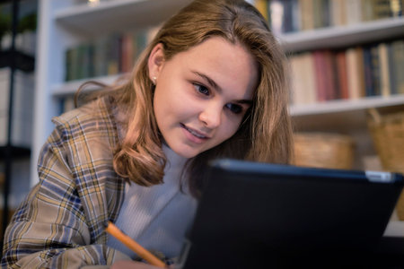 Teenage girl doing homework at a desk in her bedroom. teen girl school student write notes watch video online webinar learn on laptop. distance elearning course video conference pc call.の写真素材