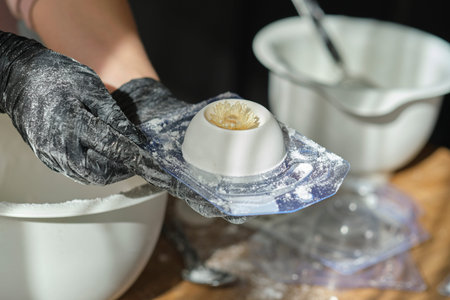 handmade bath bombs process. Preparation of bath bombs. Ingredients and floral decor on a wooden...
