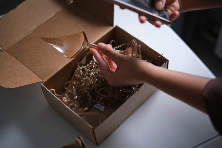 woman opens a delivery box from a store and discovers a broken glass. An improperly packed item...