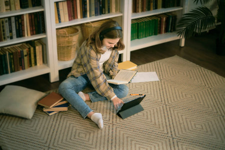 Teenage girl doing homework at a desk in her bedroom. teen girl school student write notes watch...