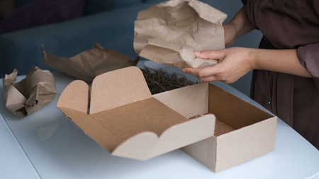 woman opening parcel indoors. woman opening and unpacking cardboard box parcel in living room at...