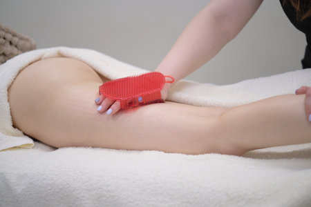 masseur makes anticellulite massage young woman in the spa salon. Special anticellulite treatment. massaging legs of young woman in spa salon. Body care in spa salon for young womanの写真素材