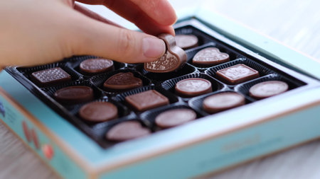 Woman take one chocolate from a box of different candies. Close-up. heart shaped candy, valentines dayの写真素材