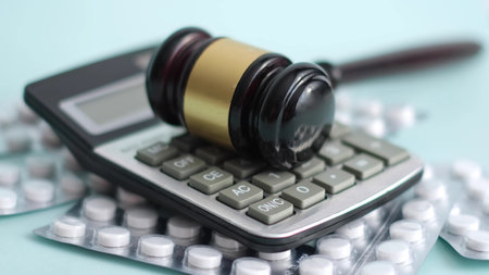 Gavel and pills on a blue background. Medical crime. Judge gavel and pills. Litigation...