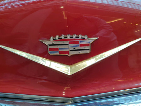 Moscow, May 12, 2021: Closeup of a Cadillac logo. luxury vehicles. Cadillac is an American luxury...