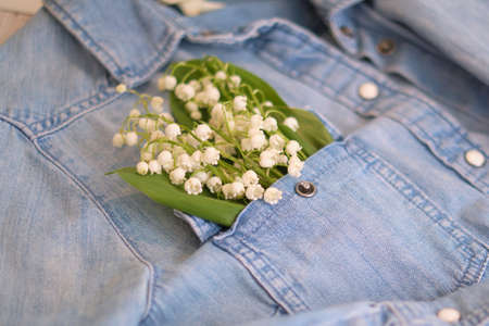 lilies of the valley and a denim jacket lie on a wooden background. spring mood.の写真素材