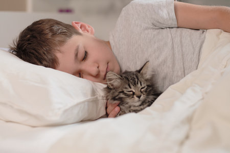 little asian boy with kitten sweetly sleep in bed. Child and cat. Kids and pets. Little kid with his animal. Toddler and kitty sleep.の写真素材