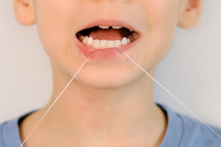 funny little boy flossing his teeth. soft thread of floss silk or similar material used to clean between the teethの写真素材