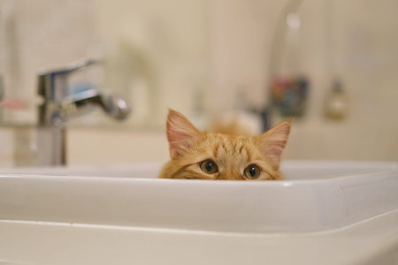 funny cat looks out of the sink in the bathroom. only ears and eyes.の写真素材