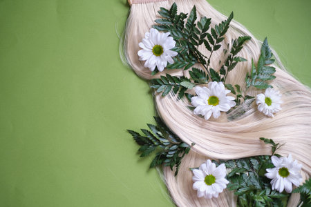 sustainable and cruelty-free products nourish and revitalize your hair and scalp, leaving you with healthy, radiant locks. Natures beauty of hair adorned with ferns and daisies.の写真素材