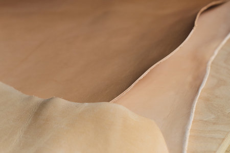 selection of top-notch beige leather cuts in different shades, demonstrating the range of colors available for designers and artisans. color grading and matching in leather industry. Grading the Huesの写真素材