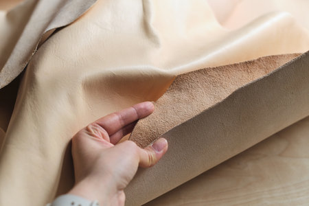 visual comparison of various shades of beige leather, highlighting the nuances and characteristics of each. Quality Mattersの写真素材