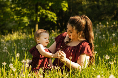 Sunshine in the park: A beaming mother embraces her one-year-old daughter, sharing playful moments and joy. Concept: Happy Motherhoodの写真素材