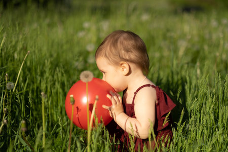 adorable toddler girl nestled in green grass, engrossed in a game with a vibrant red ball on a sunny summer day. early development toys.の写真素材