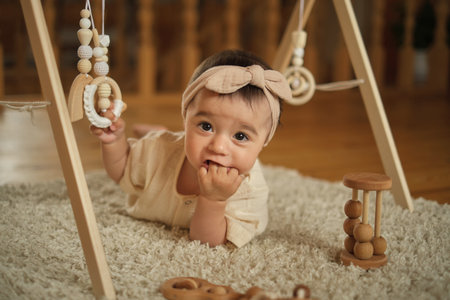 Exploring the World of Baby Teething: A one-year-old cherub lays on a beige mat, gnawing her fingers to relieve teething discomfort, surrounded by wooden toysの写真素材