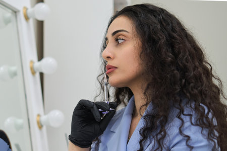 A thoughtful Grecian esthetician gazes into a mirror, her curly hair framing her face. Holding a beauty injection syringe, she contemplates the ideal treatment.の写真素材