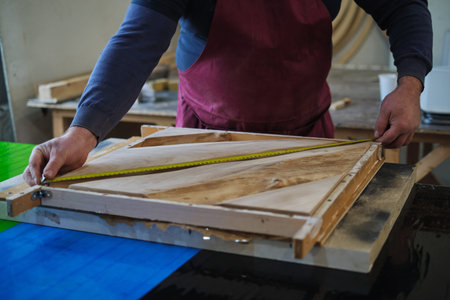 Craftsman marks wood with a ruler and pencil. Precision in handcraft aligns with the bespoke...