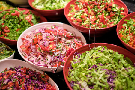 An assortment of salads, rich in color and texture. This variety supports the diversity in dietary choices and personal wellness.の写真素材