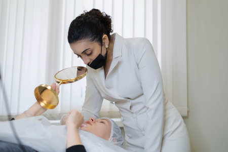 The final reveal with a hand mirror, where expectations meet reality. This is the rewarding culmination of a cosmetology session.の写真素材