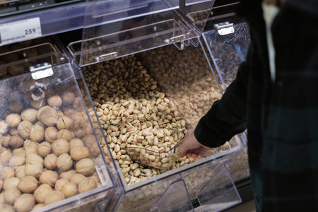 A shopper scoops pistachios from a clear bin at a supermarket. The image illustrates the...