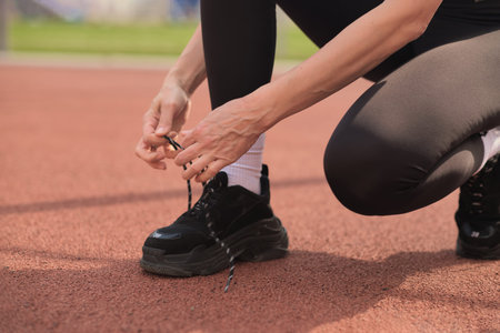 A woman tightens the laces on her running shoes before a fitness session outdoors. The photo...