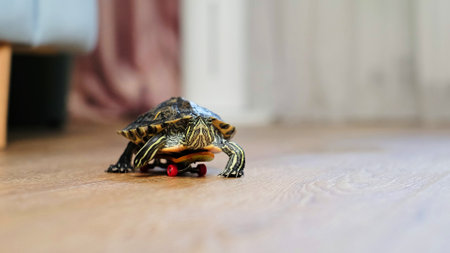 A playful image of a turtle riding a miniature skateboard across a wooden floor. This photo captures a lighthearted and creative moment, blending nature and fun.の写真素材