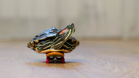 close-up shot of a turtle placed on a skateboard, rolling across a smooth wooden surface. The unusual combination creates a whimsical and imaginative moment indoors.の写真素材