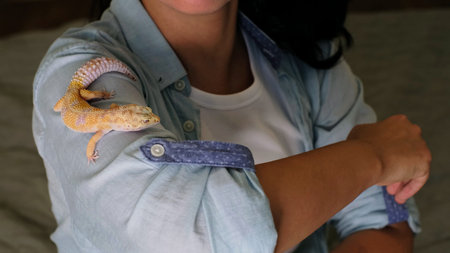 A close-up of a gecko resting on a woman s rolled-up sleeve, showcasing its intricate patterns. This scene highlights the growing trend of reptiles as calm and fascinating pets.の写真素材